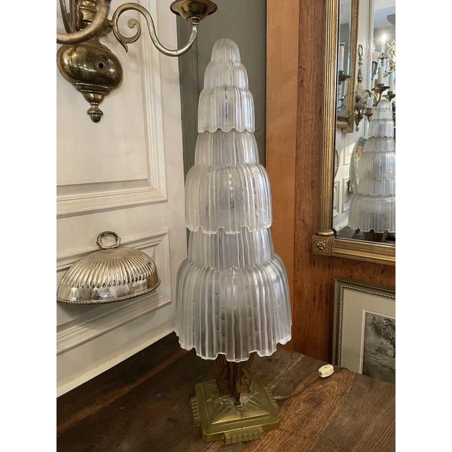 Antique Art Deco Sabino Paris Bronze and Frosted Crystal 3 Light Waterfall Lamp For Sale In Minneapolis - Image 6 of 13