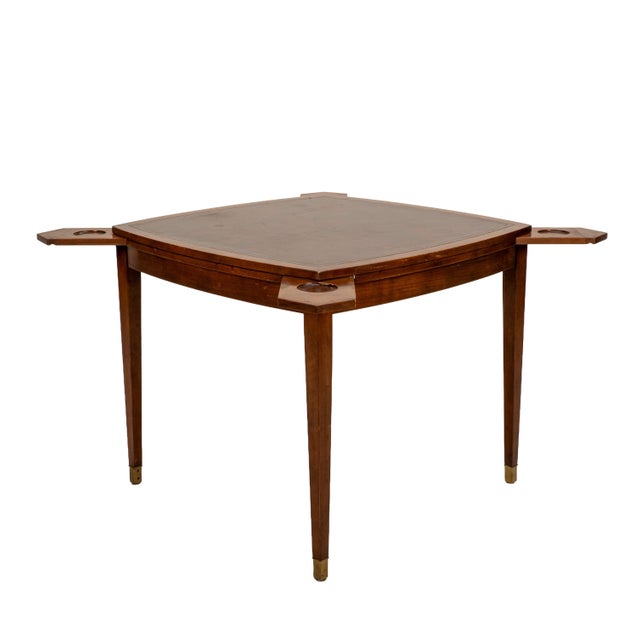 1960s Vintage Old Colony Beacon Hill Walnut & Leather Games Table W/ Hidden Drink Holders For Sale - Image 5 of 14