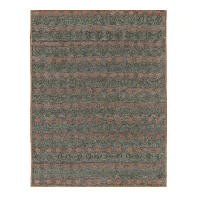 Rug & Kilim’s Block Print Rug Design in Gray With Rust and Green Floral Motifs For Sale