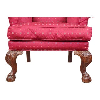 1930s Chippendale Style Wing Wingback Chair in Red Upholstery For Sale