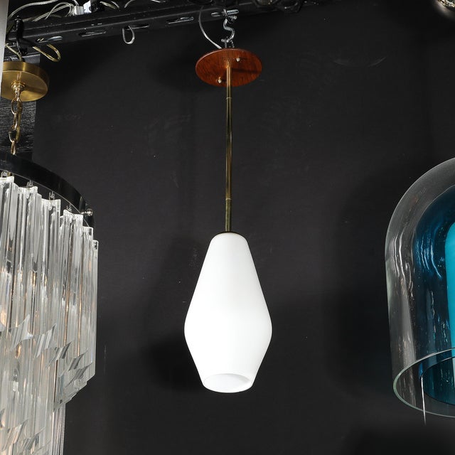 Mid-Century Modern Frosted Glass & Walnut Pendant Chandelier With Brass Fittings For Sale - Image 17 of 17