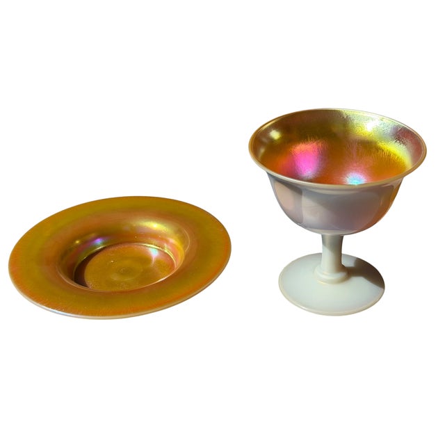 Art Deco Steuben Gold Aurene on Calcite Iridescent Art Glass Footed Bowl & Underplate For Sale - Image 3 of 4