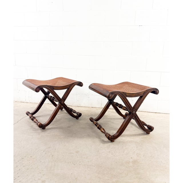 Late 20th Century Late 20th Century Regency Campaign-Style X-Base Cane Stools in the Manner of Gillows of Lancaster For Sale - Image 5 of 12