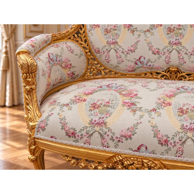 1970 French Artisan Louis XVI Gold Damask Settee For Sale - Image 4 of 13