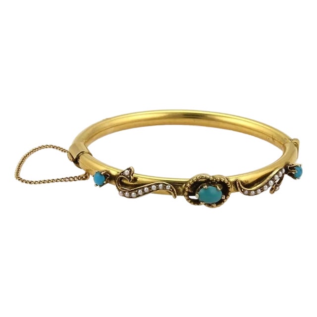 Mid 20th Century Turquoise & Seed Pearls 14k Yellow Gold Fancy Bangle Bracelet For Sale