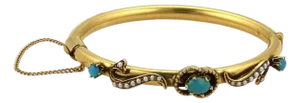 Mid 20th Century Turquoise & Seed Pearls 14k Yellow Gold Fancy Bangle Bracelet