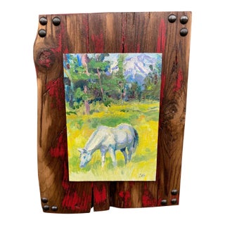 "Grazing Rights" ~ Lorie Batson, Original Oil Painting ~ Captures a White Horse Peacefully Enjoying Grazing in a Beautiful Mountain Meadow. For Sale