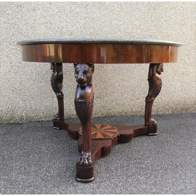 Antique Sicilian Empire Inlaid Wooden Table with Grey Marble Top For Sale - Image 4 of 8