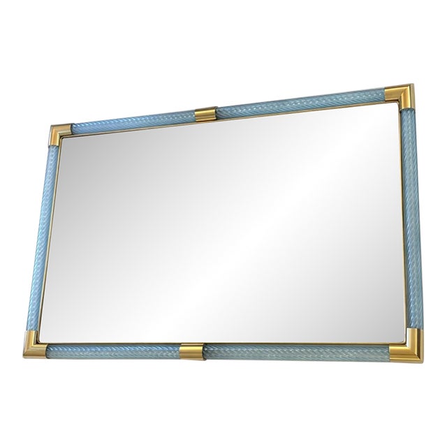 Contemporary Rectangular Light-Blue Mirror With “Torchon-Torciglione ” Murano Glass For Sale