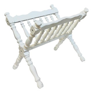 Vintage Rustic Cabin Style White Painted Turned Wood Book Magazine Stand Rack For Sale