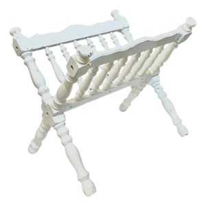 Vintage Rustic Cabin Style White Painted Turned Wood Book Magazine Stand Rack
