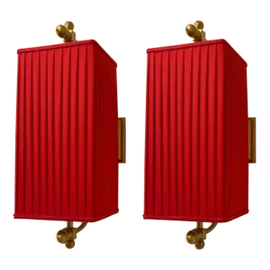 Baker Red Pleated Shade Lyre Sconces Pair