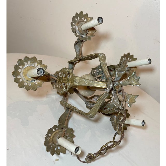 Antique Ornate Art Deco 5 Arm Brass Alabaster Hanging Chandelier Fixture Lamp For Sale - Image 13 of 13
