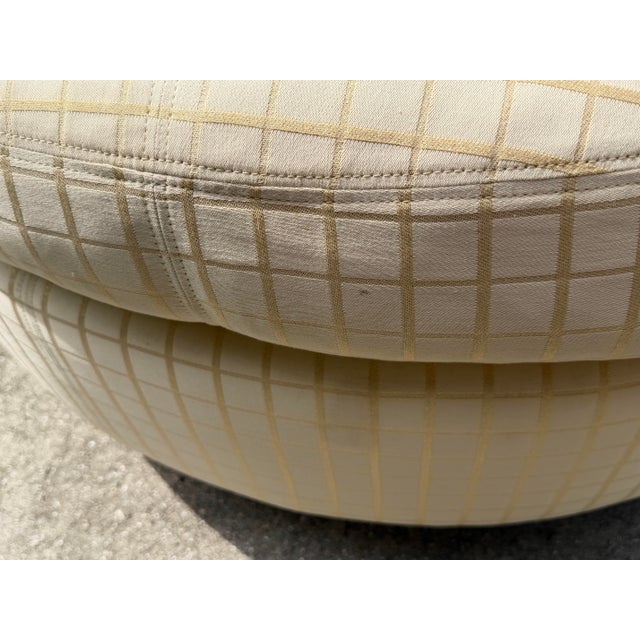 Vintage 42” Round Postmodern Upholstered Cocktail Ottoman With Down Feather Cushion For Sale - Image 10 of 14