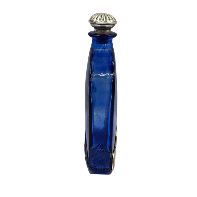 Vintage Cobalt Blue Spanish Art Glass Flask With Ornate Embossed Scrollwork Medallion For Sale - Image 9 of 12