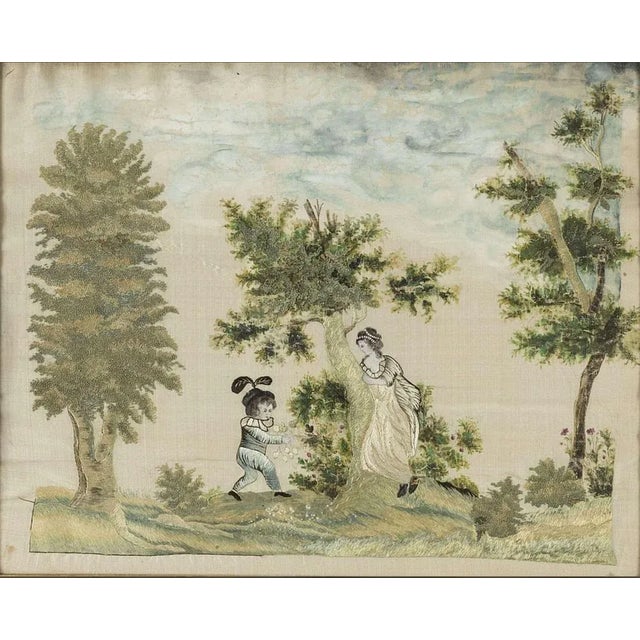 19th Century Swedish Silk Artwork with Child Berry Picking For Sale - Image 3 of 12