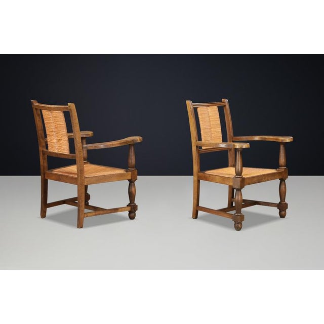Wood French Oak and Rush Armchairs in the style of Charles Dudouyt, France, 1940, Set of 2 For Sale - Image 7 of 11