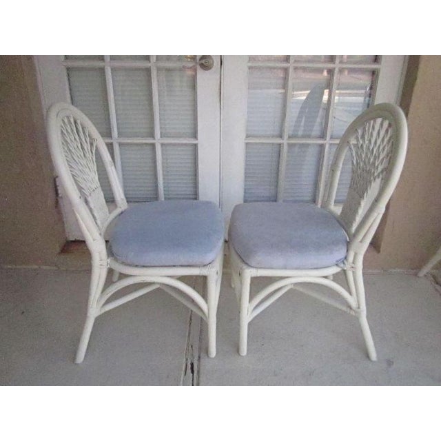 Wood 1970s Tropical Style Wicker Bamboo Dining Chair White With Cushion Set of 4 For Sale - Image 7 of 11