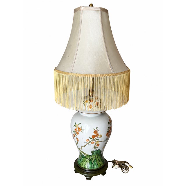 Vintage Chinoiserie Floral Ginger Jar Table Lamp With Long Gold Fringe Shade For Sale - Image 14 of 16