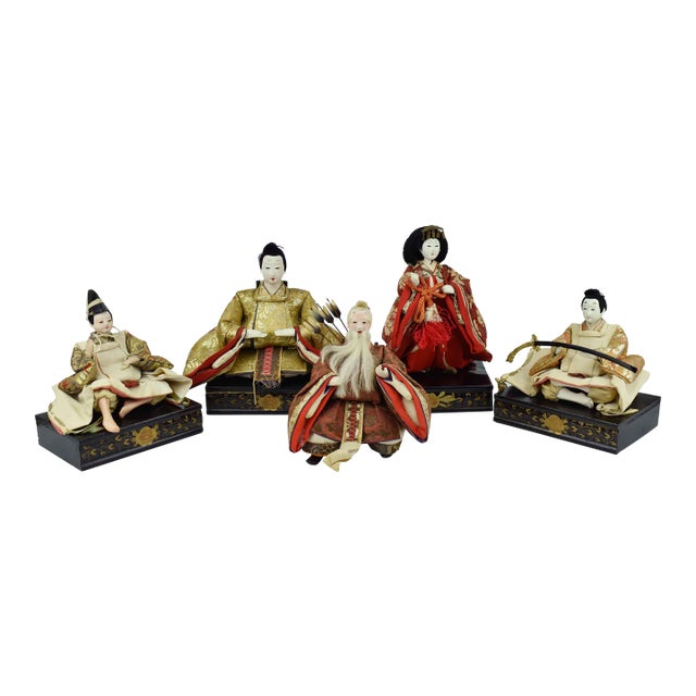 Mid 20th Century Handmade Hand Painted Japanese Imperial Court Hina Doll With Original Case Set of 5 Pieces For Sale