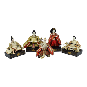 Mid 20th Century Handmade Hand Painted Japanese Imperial Court Hina Doll With Original Case Set of 5 Pieces