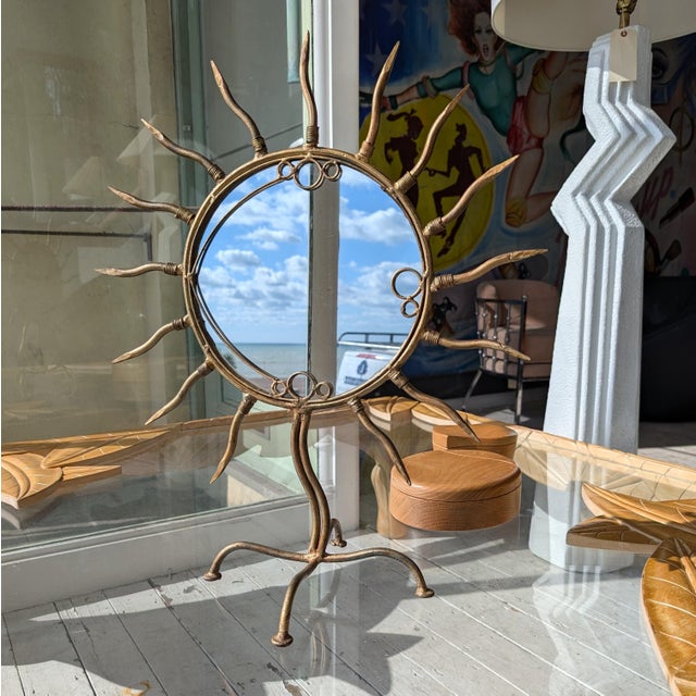 Postmodern American gilt iron sunburst table mirror, c1980s. Super cool as a decorative piece in bedroom, bathroom or...