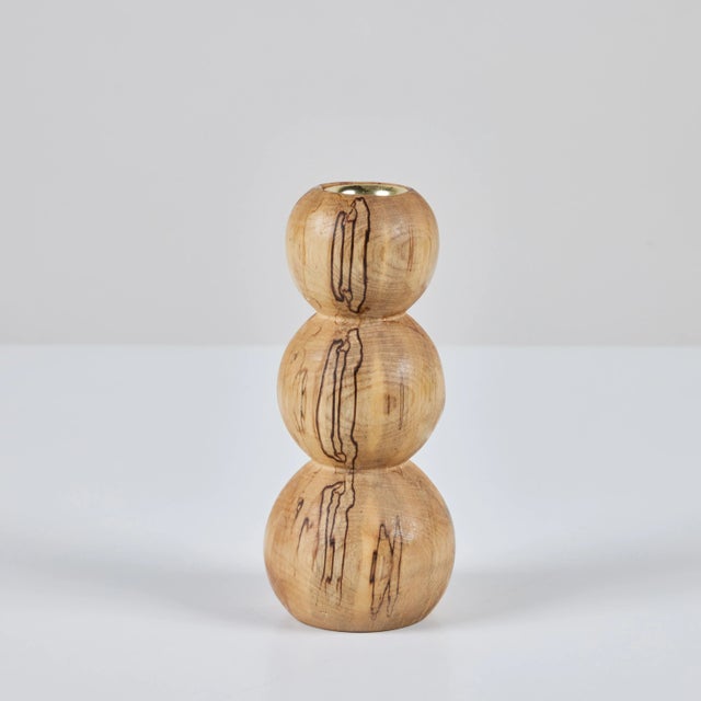 Hand crafted candlestick in spalted birch by local Los Angeles artist Evan Segota. The candle holder features a bubble...