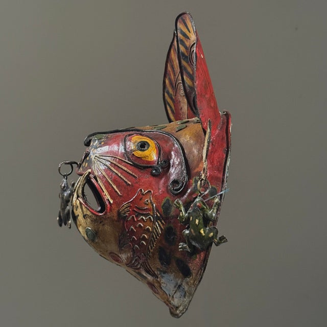 Mexican Vintage Mexican Folk Art Polychrome Metal Tigre Mask (C. 1940s) For Sale - Image 3 of 10