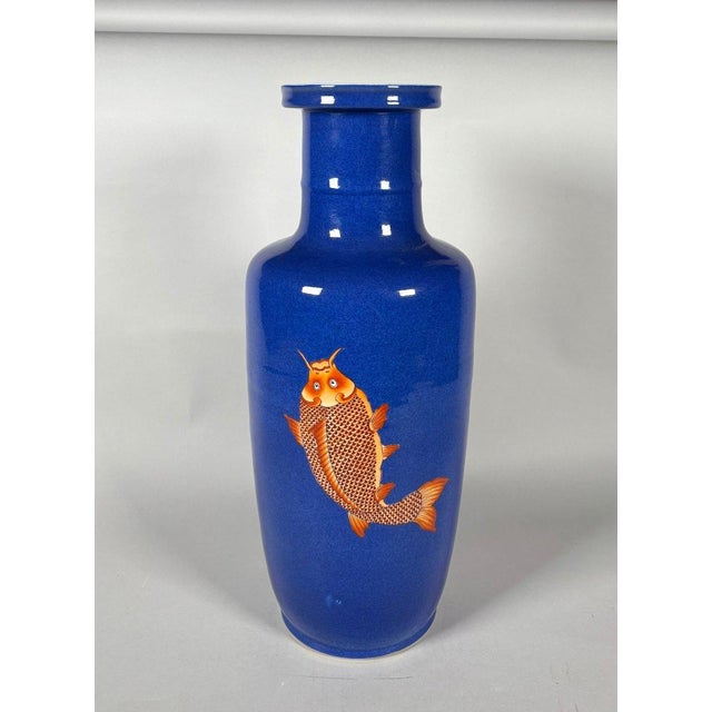 19th Century CHINA, 19th century. Porcelain vase with a scroll decorated with carp on a powder blue background. For Sale - Image 5 of 9