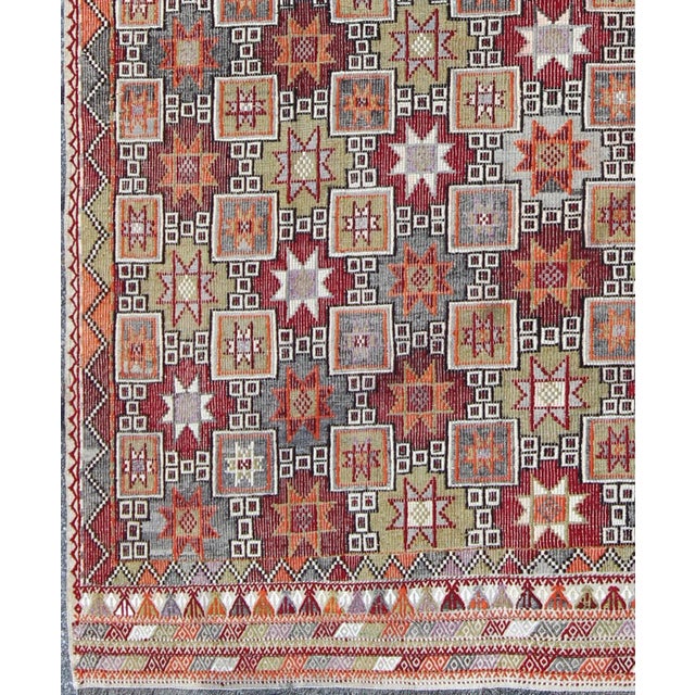 Tribal Turkish Vintage Embroidered Kilim Rug With Tribal Star and Box Shapes in Colorful Tones For Sale - Image 3 of 7