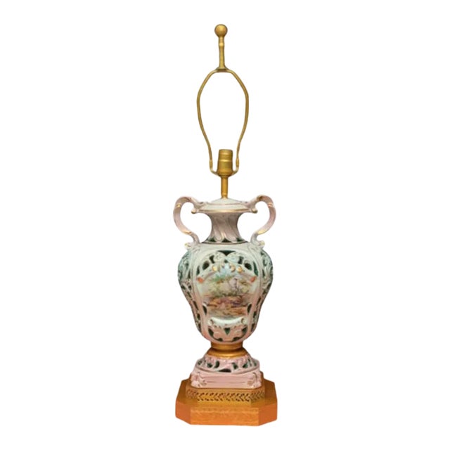 Mid-Century Capodimonte Porcelain Table Lamp- Courting Couple Pastoral Scene For Sale
