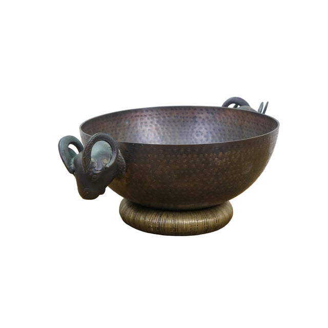 Rustic Vintage Hammered Brass Rams Bust Head Centerpiece Bowl 18" For Sale - Image 3 of 15
