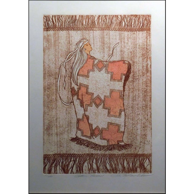 1980s Kristen Olsen "Ribbon Nexus I" Hand Signed Fine Art Etching, Native Blanket Custom Framed For Sale - Image 4 of 6