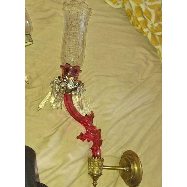 19th Century French Art Nouveau Red Art Glass/ Crystal Gilt Bronze Candle Wall Sconces Attrib. Baccarat True Left and Right Form For Sale - Image 12 of 18