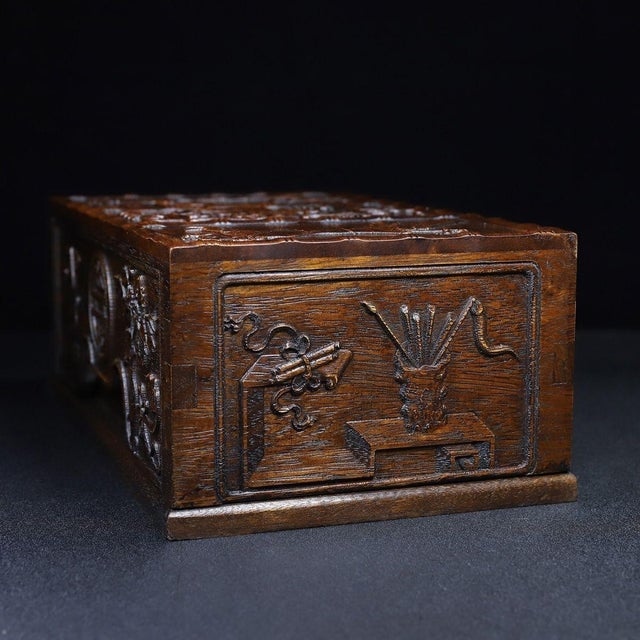 Vintage Chinese Huali Rosewood Box | Carved Bogu Motif Scholar's Chest For Sale - Image 4 of 8