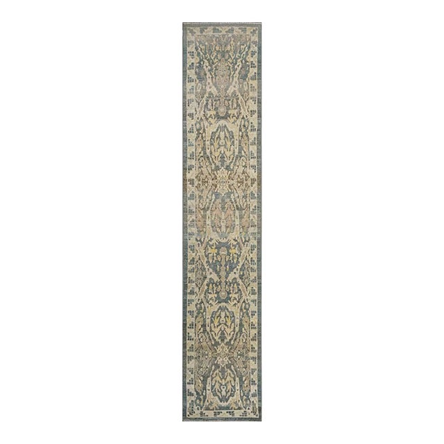 21st Century Turkish Sultanabad Master 3x14 Slate Blue, Ivory, & Tan Handmade Runner Rug #1144100 For Sale