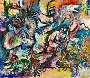 Arie Dubi, Israeli Judaica Original Painting King David and Angel Polish Artist Arie Dubi