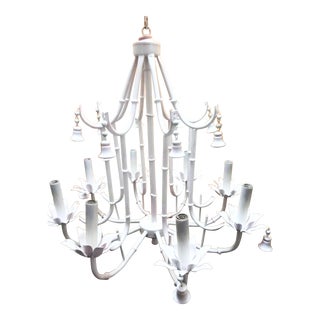 Vintage Gloss White Faux Bamboo Bell Leaf Regency 8 Light Chandelier For Sale