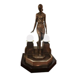 Art Deco Female Bronze Table Lamp Signed by Fayral For Sale