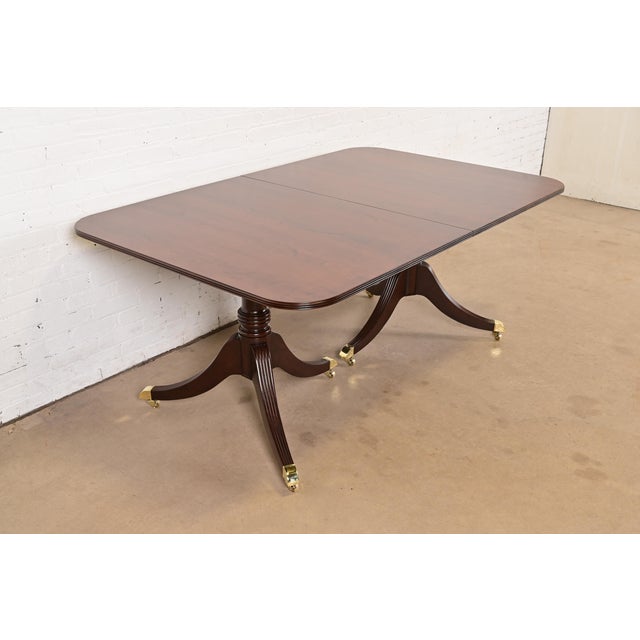 Baker Furniture Georgian Banded Cherry Wood Double Pedestal Extension Dining Table, Newly Refinished For Sale - Image 9 of 15