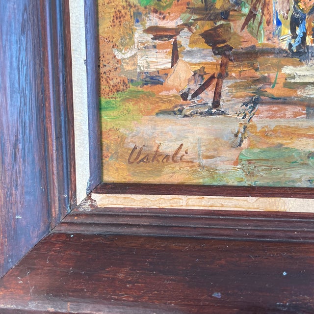 1940s Artist Uskoli Serbian Mid Century Modern , Horse and Wagon With a Barn Painting, Framed, 1940’s For Sale - Image 4 of 5