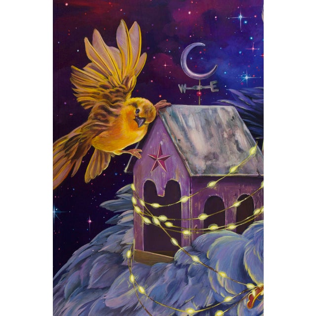 This artwork features a majestic crane cradling a whimsical birdhouse, illuminated by delicate strings of lights. The...