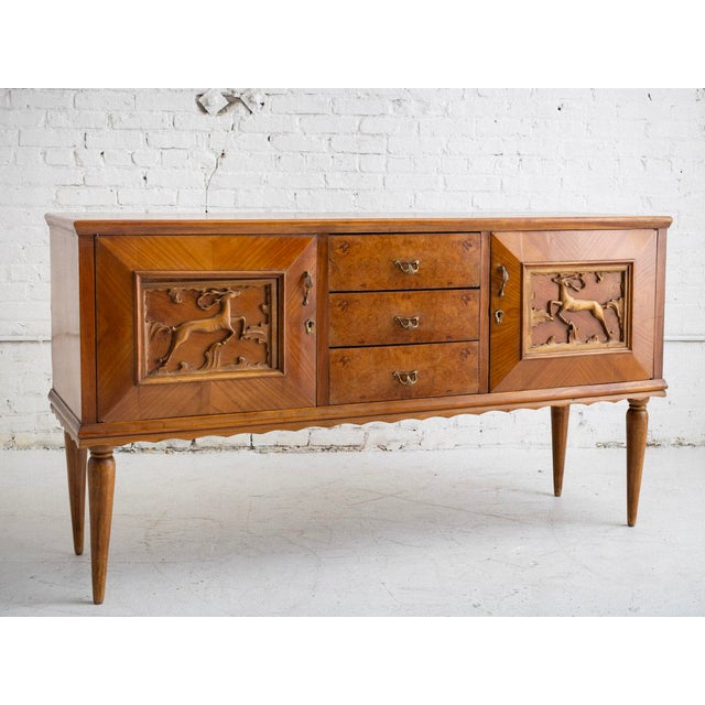 Italian Mid-century sideboard/credenza styled after Pier Luigi Colli, 1950s. Design features scalloped apron, geometric...
