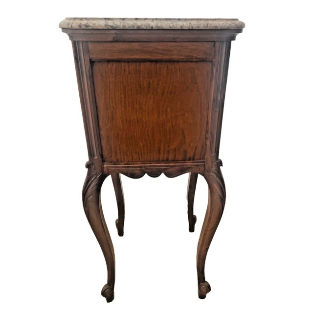 Early 20th Century Antique French Nightstand Marble Top Commode Cabinet, Drawer, Carved Walnut For Sale - Image 5 of 12