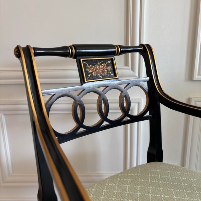 1980s Pair Regency Style Hickory Chair Co. Black & Gold Armchairs For Sale In Chicago - Image 6 of 12