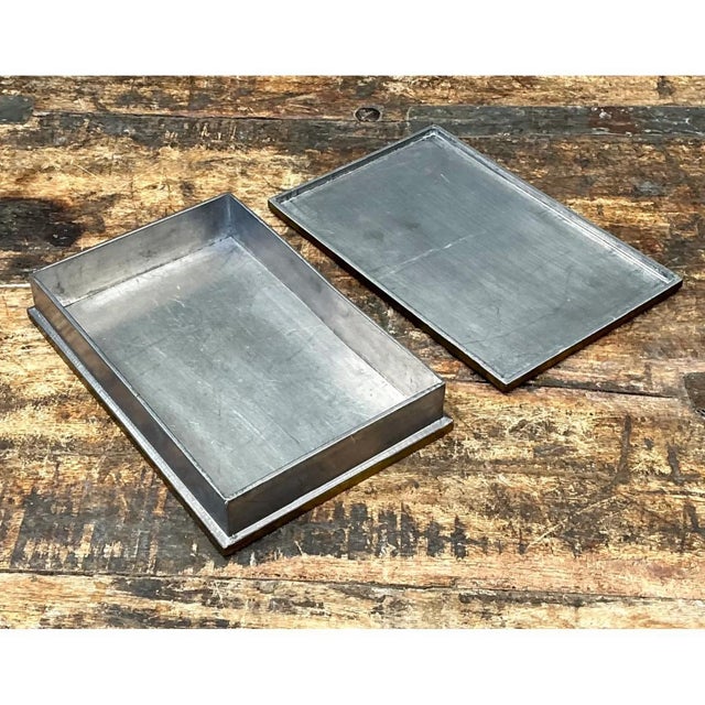 Gray Vintage Greek Key Metal Box For Sale - Image 8 of 12