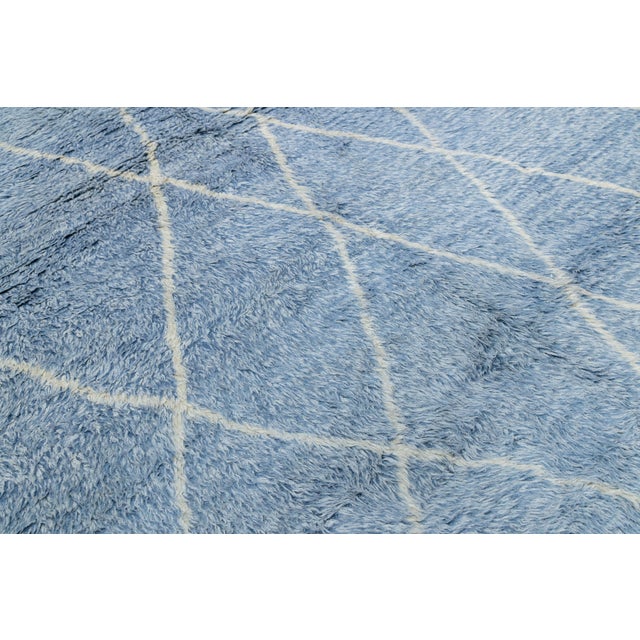 Handmade Moroccan Style Wool Rug With Soft Lattice Geometric in Denim Blue 8x10 For Sale - Image 9 of 12