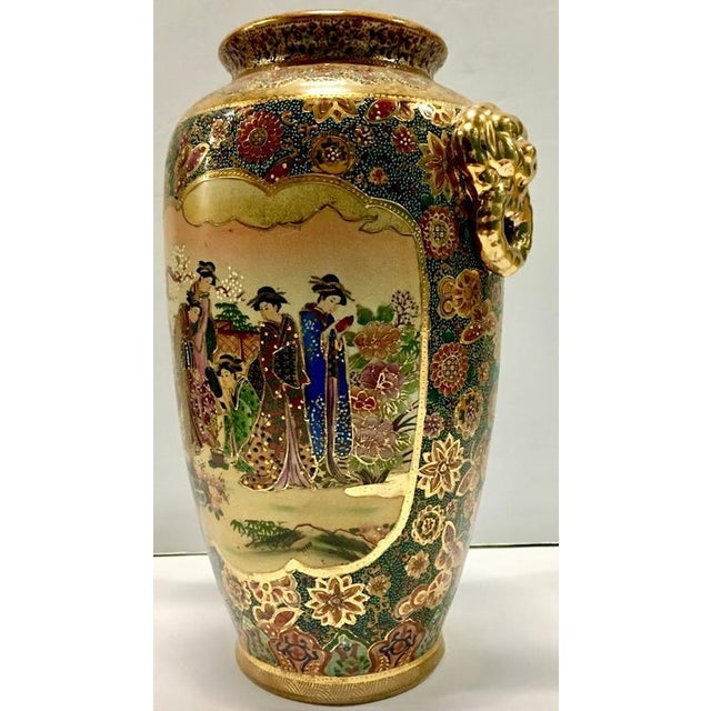 Vintage Japanese Satsuma Moriage Double Sided HandPainted Lion Handle Vase Chairish