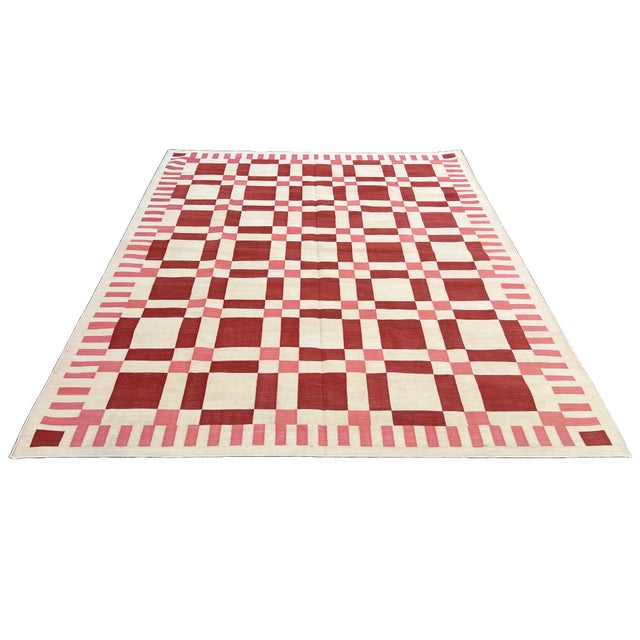Handwoven Cotton Area Rug, Natural Vegetable Dyed, Cream and Red Geometric Dhurrie - 6'x9' For Sale - Image 9 of 11