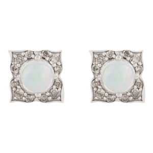Geometric Solid Silver Opal Halo Stud Earrings for Everyday Wear- 2 Pieces
